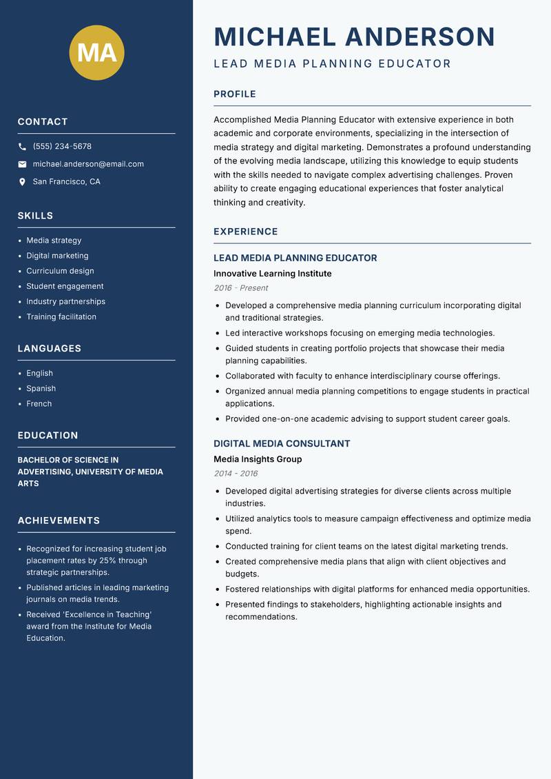 Media Planning Educator resume template — Classic Clean