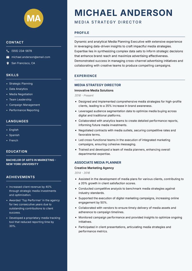 Media Planning Executive resume template — Classic Clean