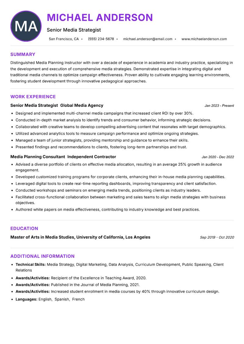 Media Planning Instructor resume example — ATS-friendly template