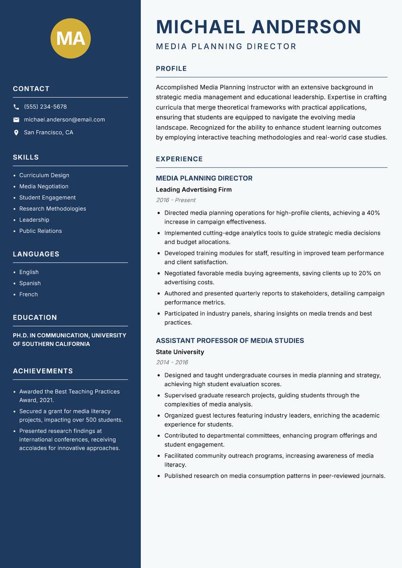 Media Planning Instructor resume template — Classic Clean