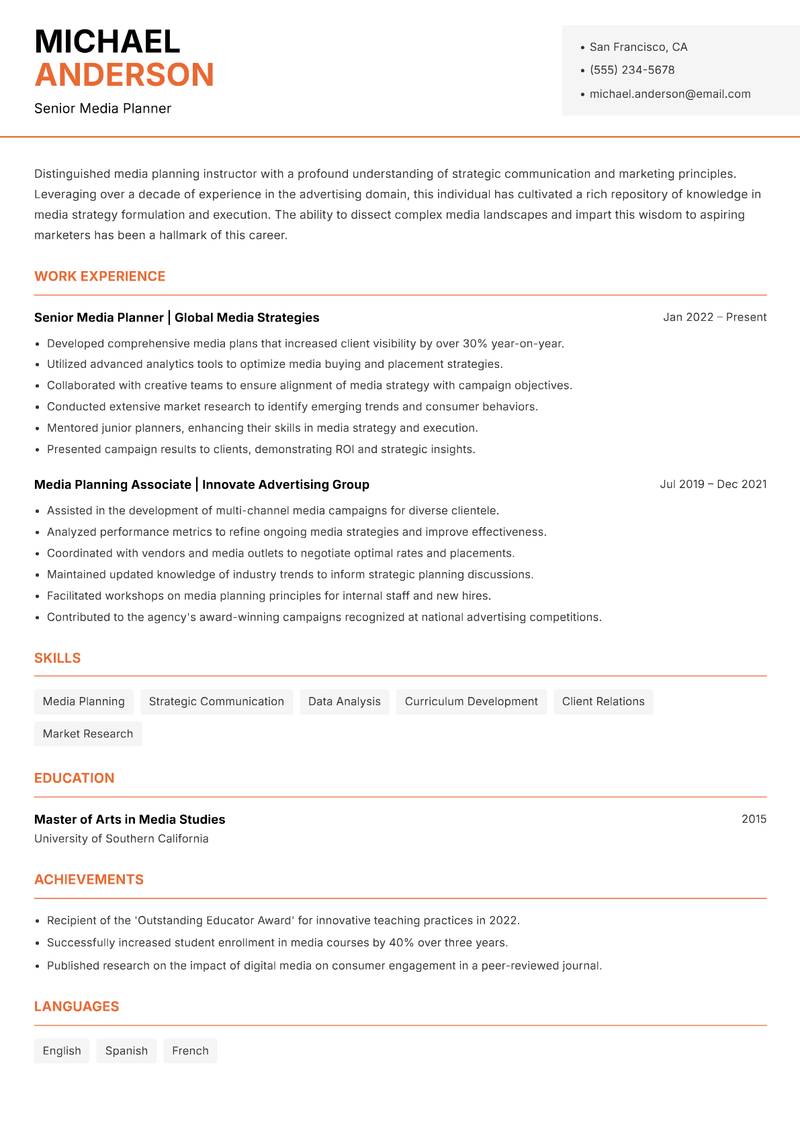 Media Planning Instructor resume template — Modern Professional
