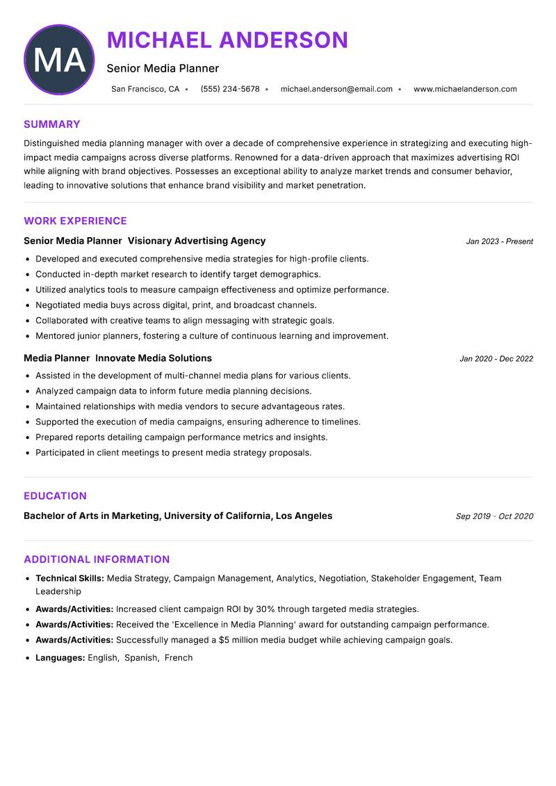 Media Planning Manager resume example — ATS-friendly template