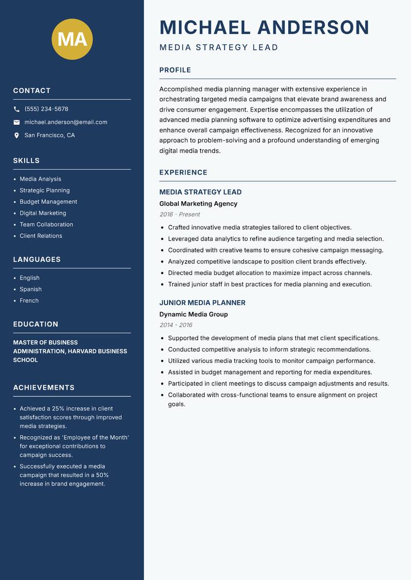 Media Planning Manager resume template — Classic Clean