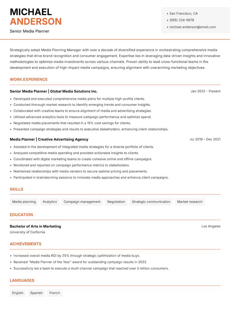 Media Planning Manager resume template — Modern Professional