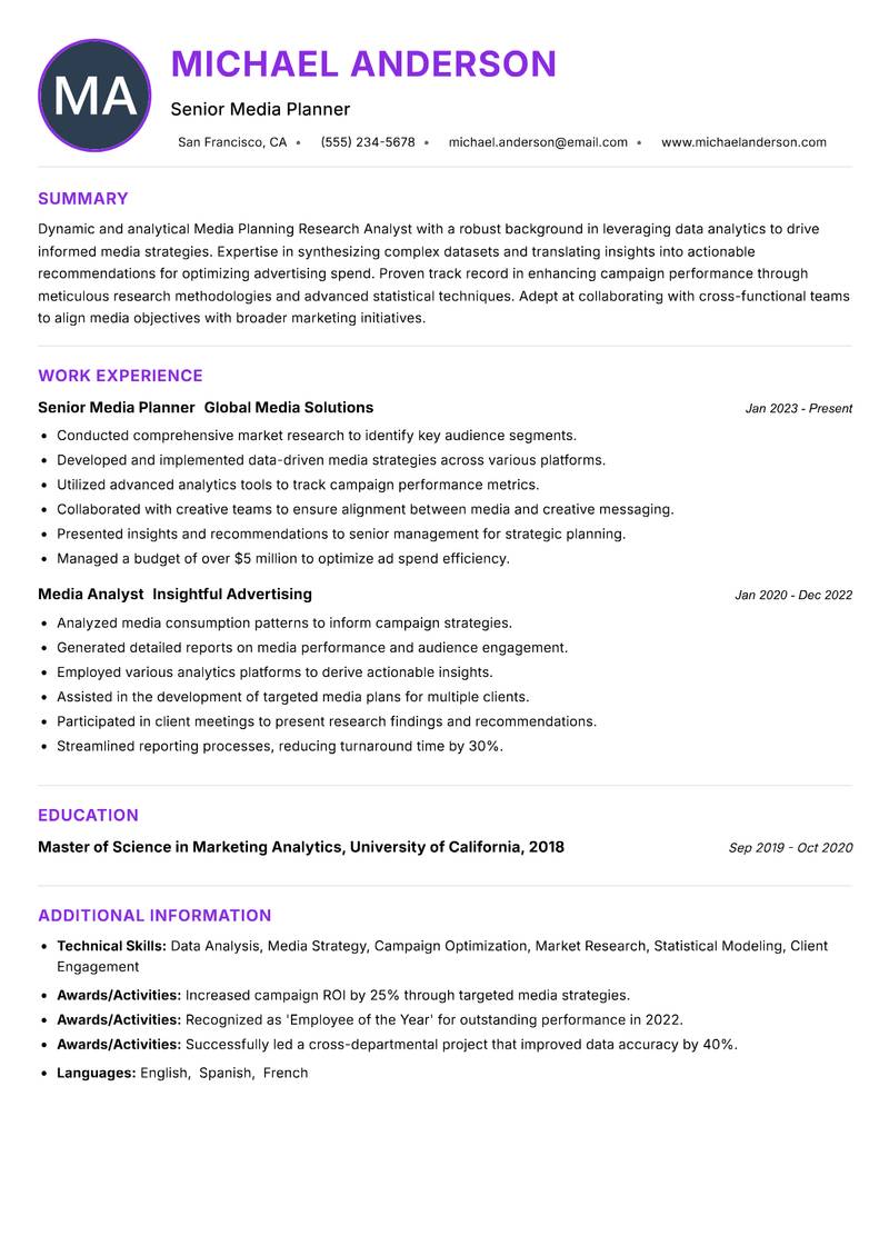 Media Planning Research Analyst resume example — ATS-friendly template