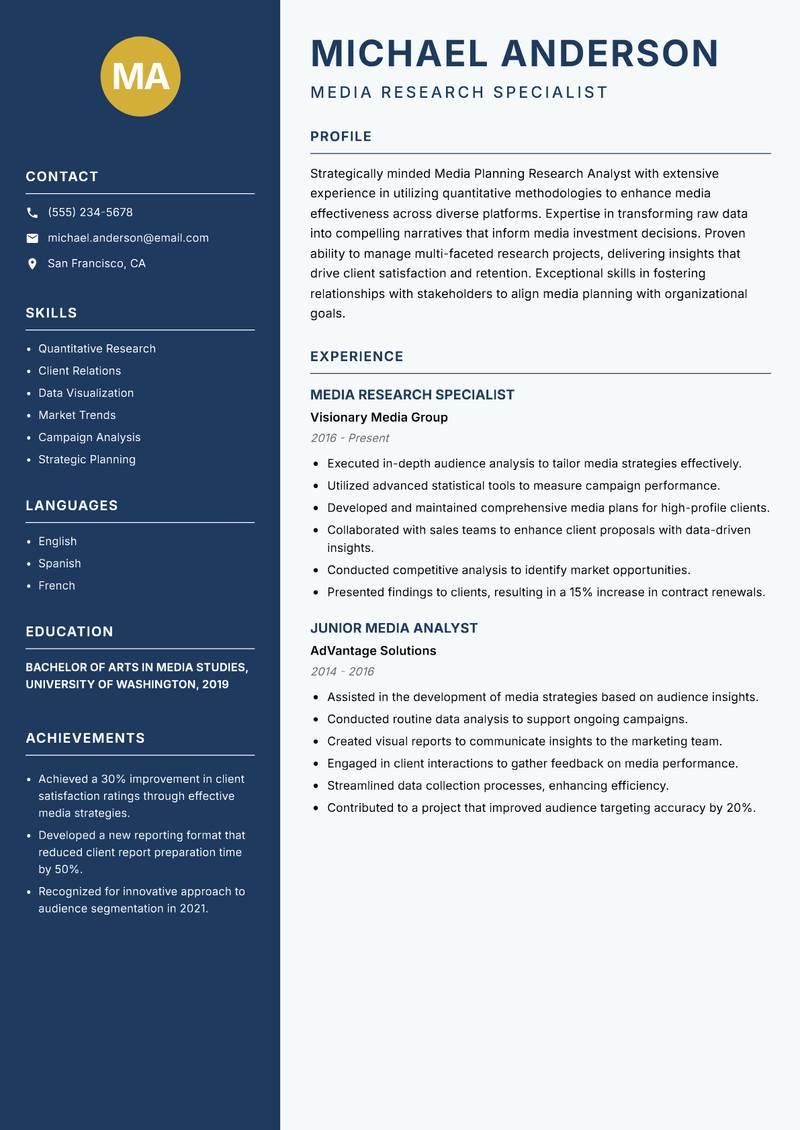 Media Planning Research Analyst resume template — Classic Clean