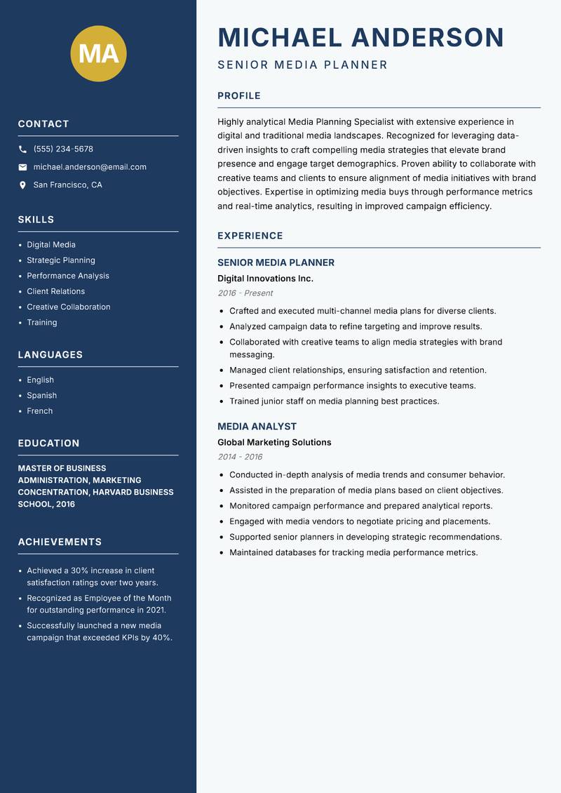Media Planning Specialist resume template — Classic Clean