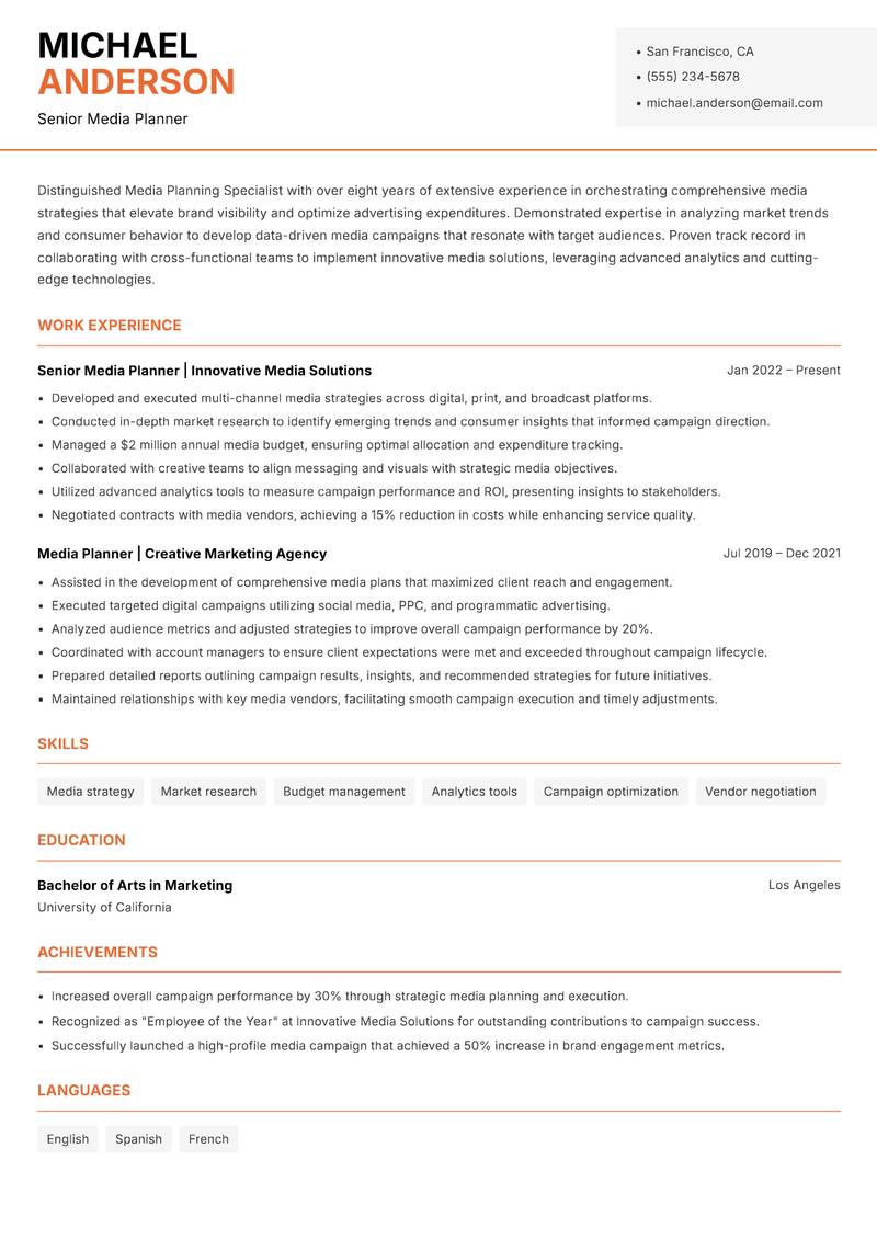 Media Planning Specialist resume template — Modern Professional