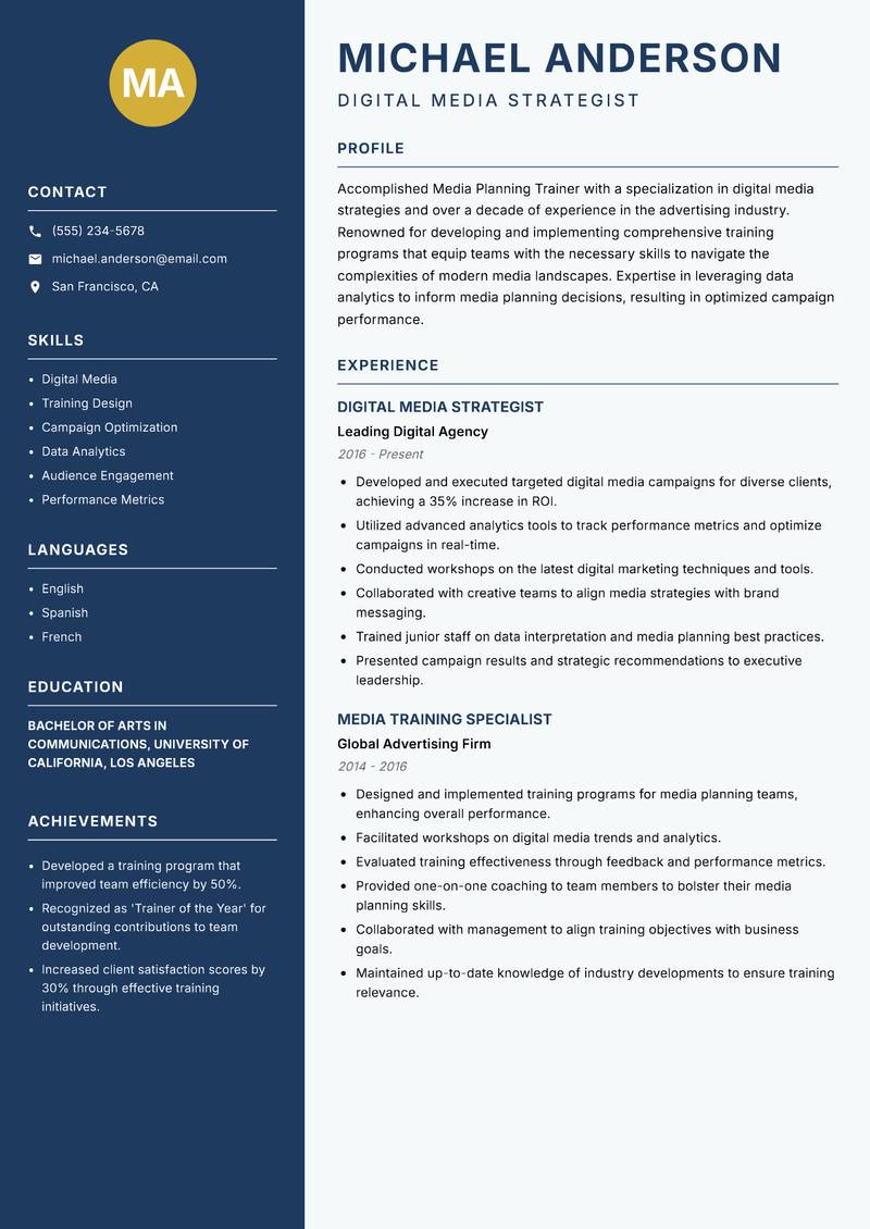 Media Planning Trainer resume template — Classic Clean