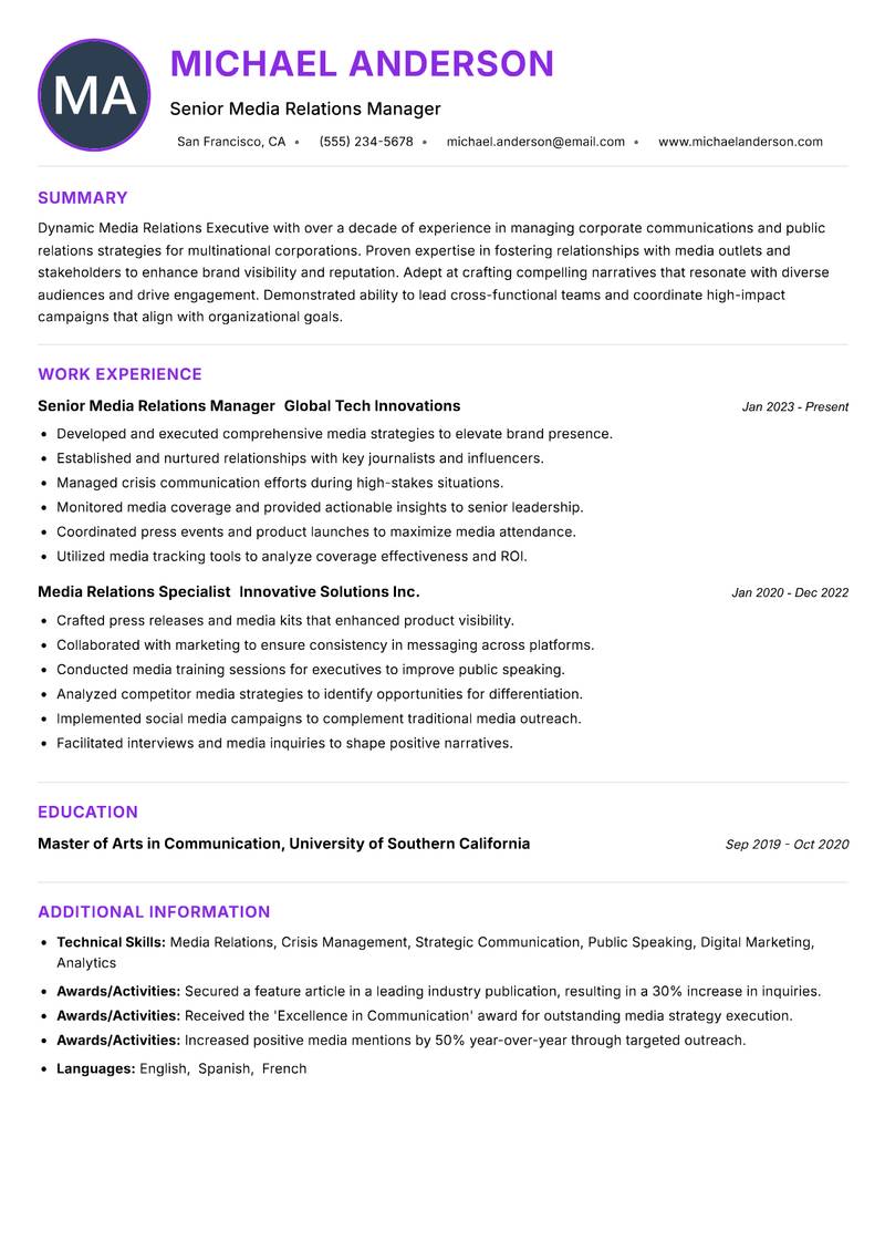 Media Relations Executive resume example — ATS-friendly template