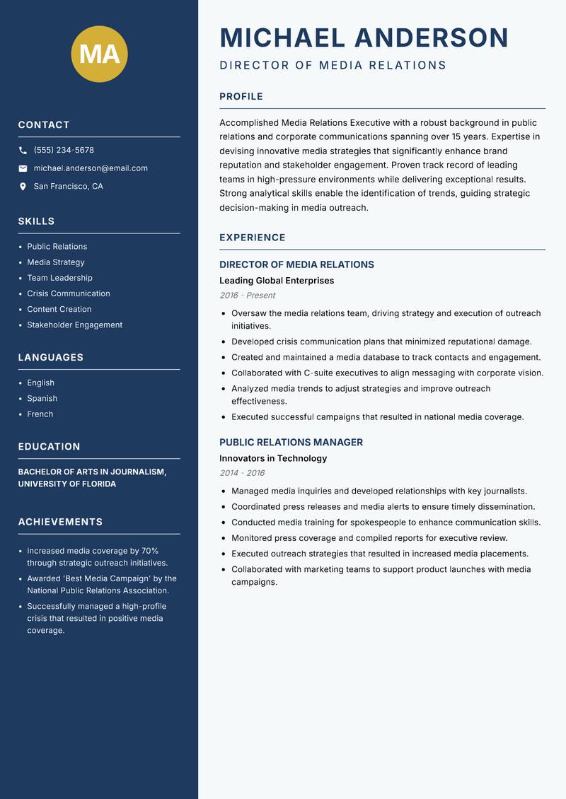 Media Relations Executive resume template — Classic Clean