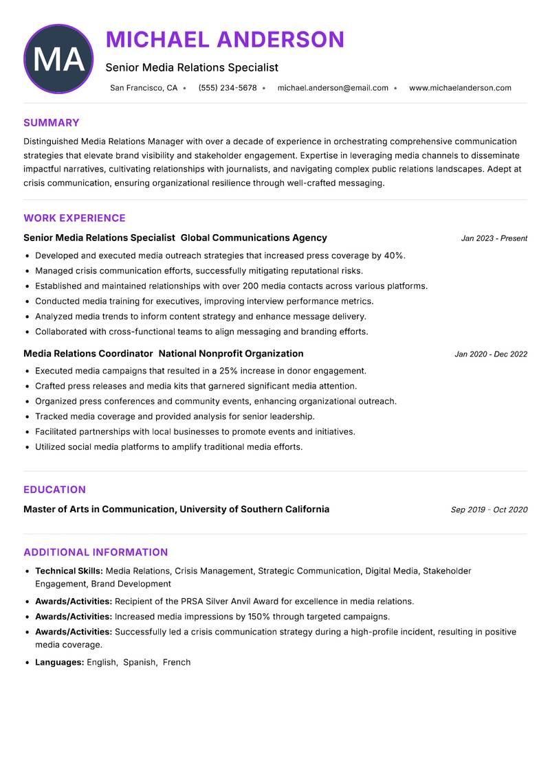 Media Relations Manager resume example — ATS-friendly template