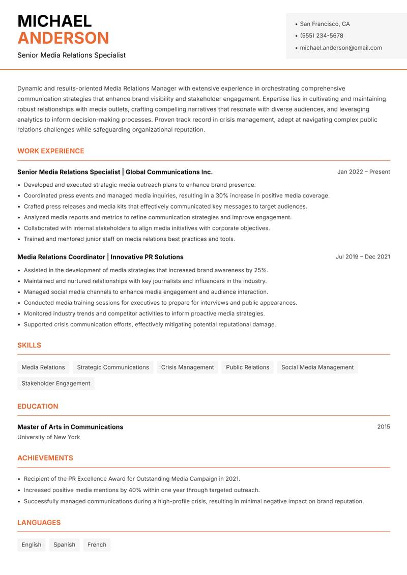 Media Relations Manager resume template — Modern Professional