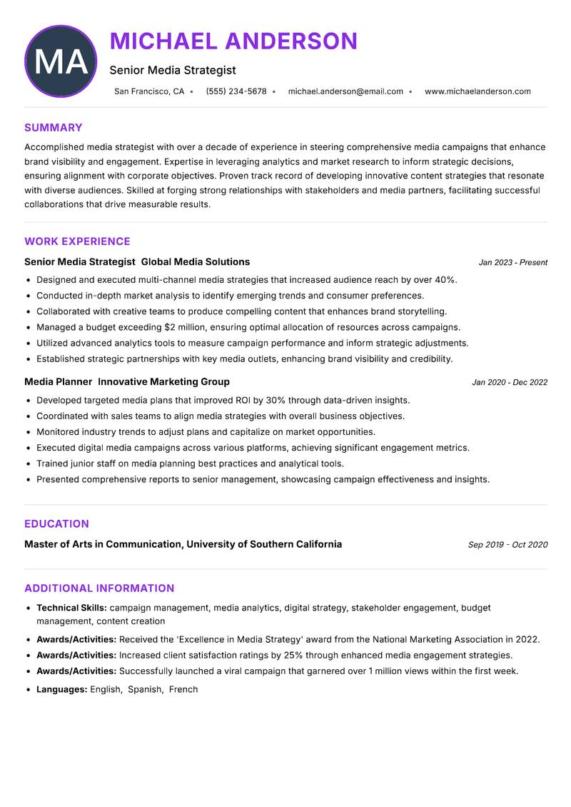 Media Strategist resume example — ATS-friendly template