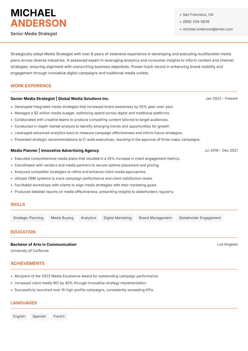 Media Strategist resume template — Modern Professional