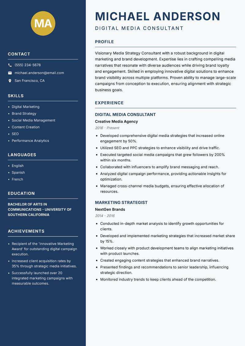 Media Strategy Consultant resume template — Classic Clean