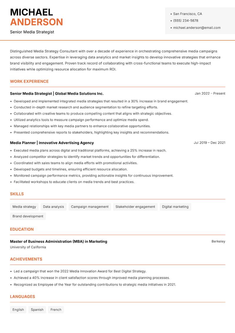 Media Strategy Consultant resume template — Modern Professional