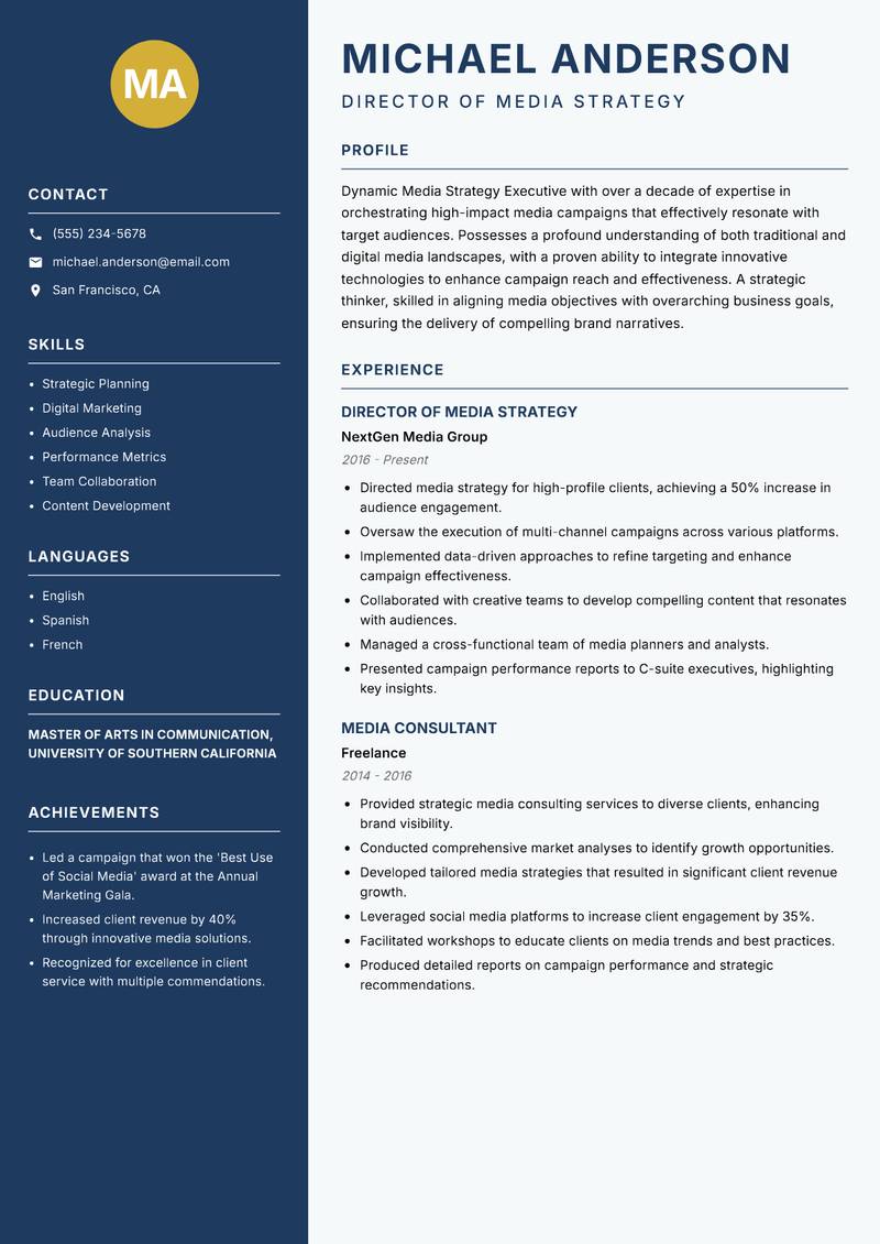 Media Strategy Executive resume template — Classic Clean
