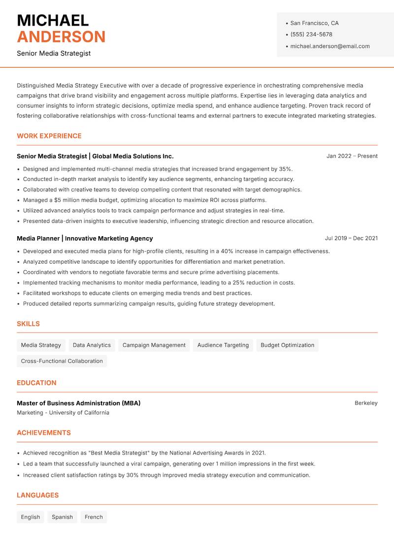 Media Strategy Executive resume template — Modern Professional