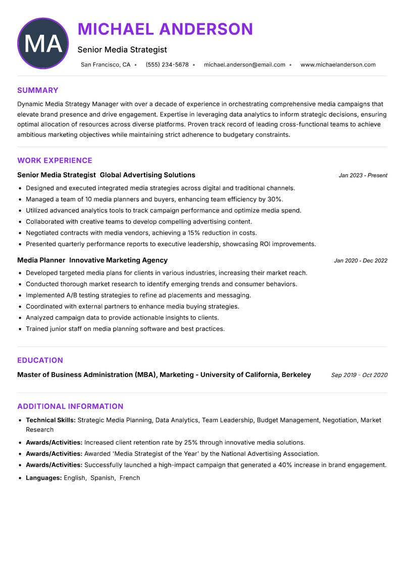 Media Strategy Manager resume example — ATS-friendly template