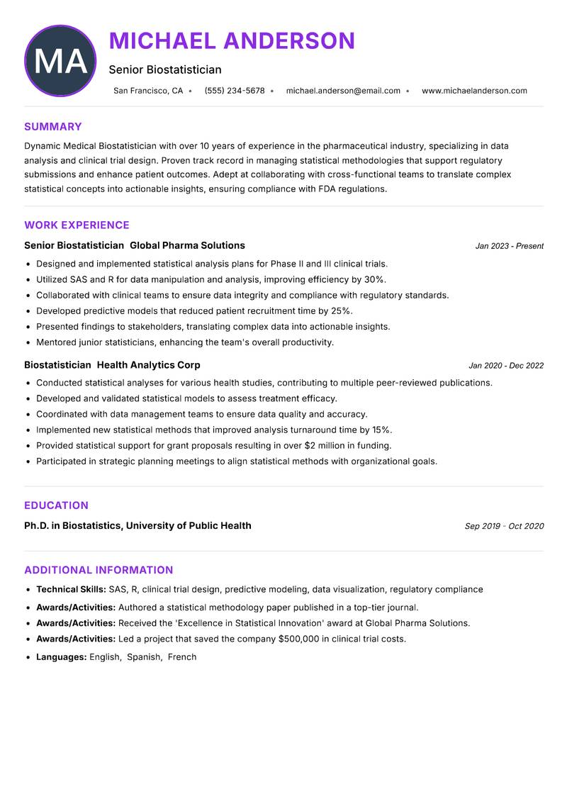 Medical Biostatistician resume example — ATS-friendly template