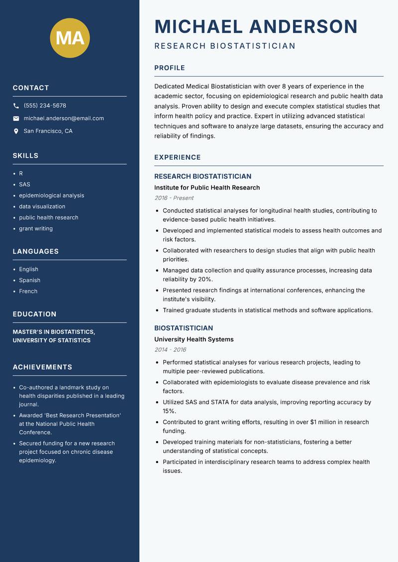 Medical Biostatistician resume template — Classic Clean