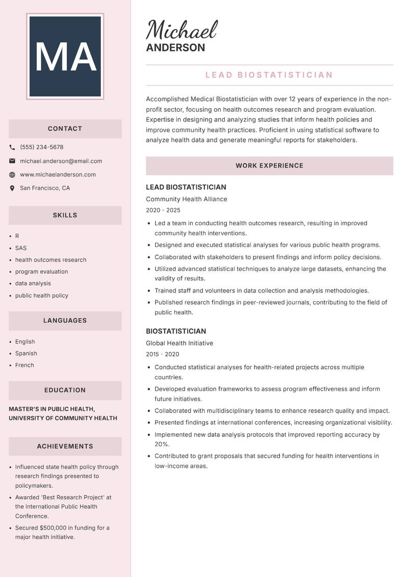 Medical Biostatistician resume template — Executive