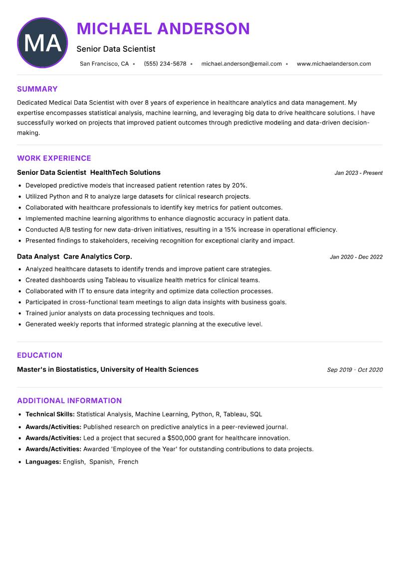 Medical Data Scientist resume example — ATS-friendly template