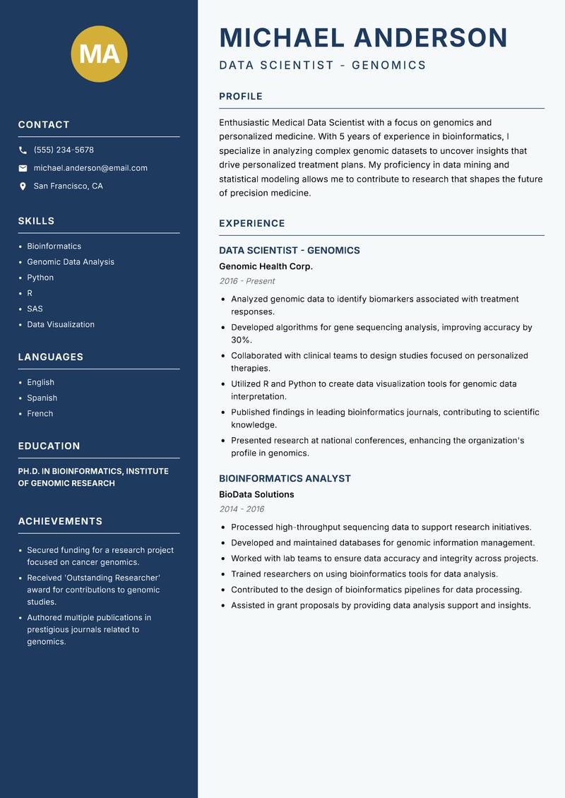 Medical Data Scientist resume template — Classic Clean