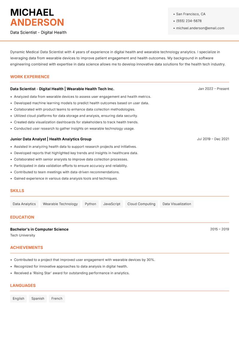 Medical Data Scientist resume template — Modern Professional