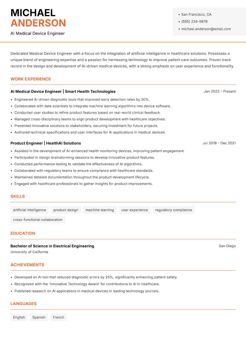 Medical Device Engineer resume template — Modern Professional
