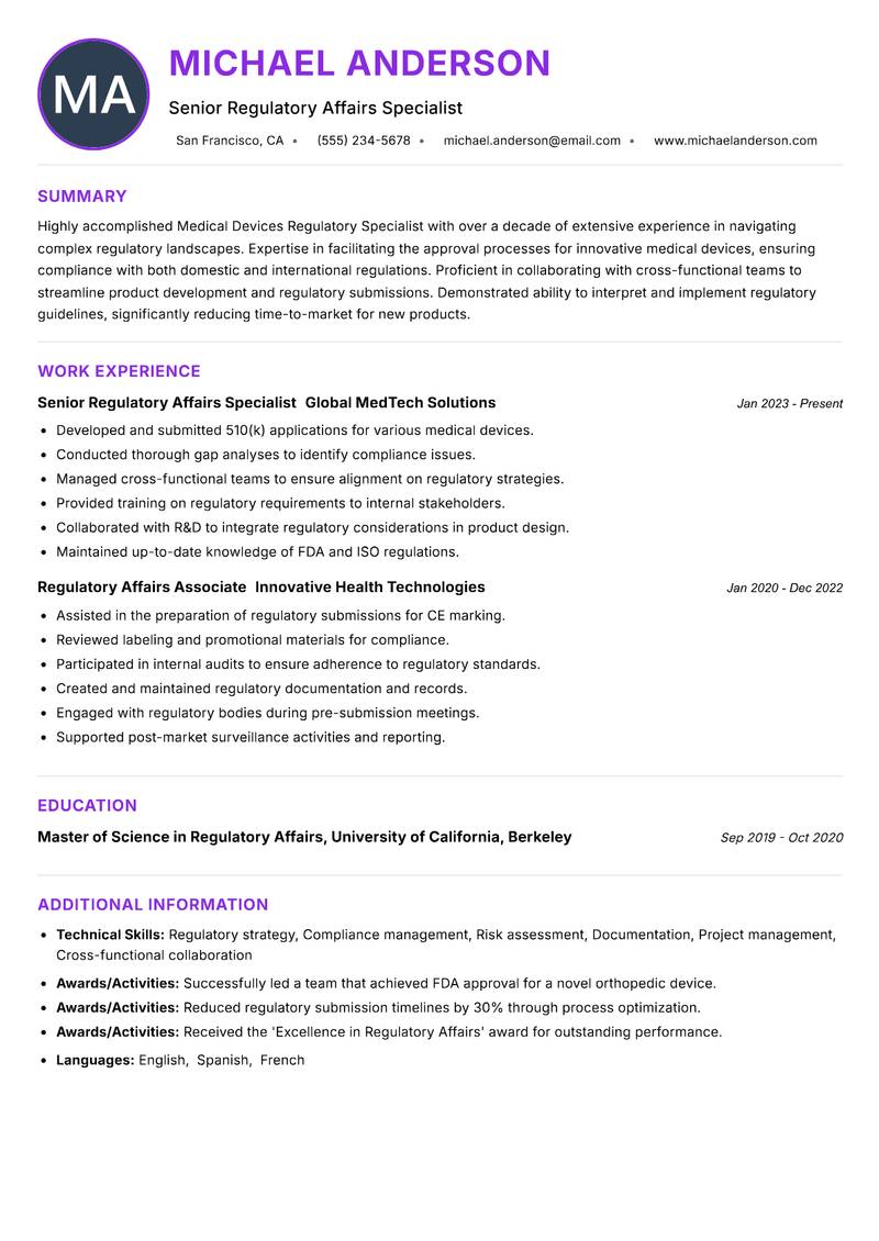Medical Devices Regulatory Specialist resume example — ATS-friendly template