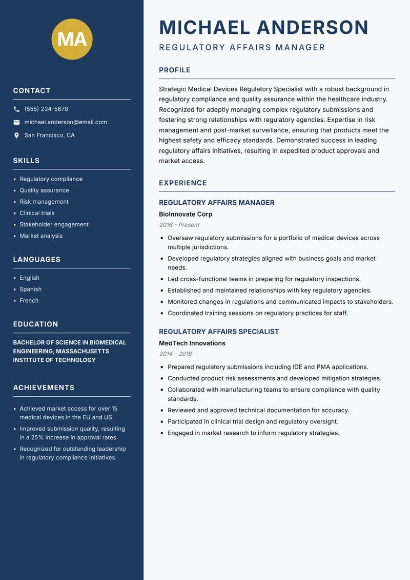 Medical Devices Regulatory Specialist resume template — Classic Clean