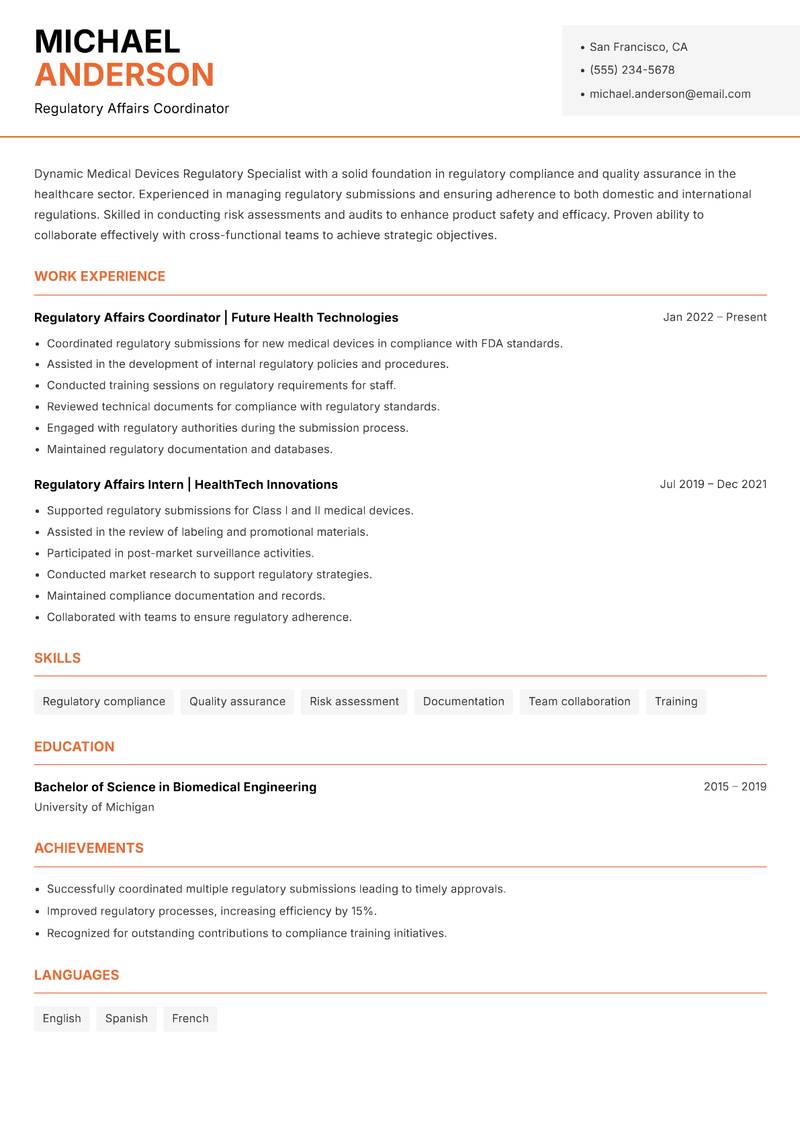 Medical Devices Regulatory Specialist resume template — Modern Professional