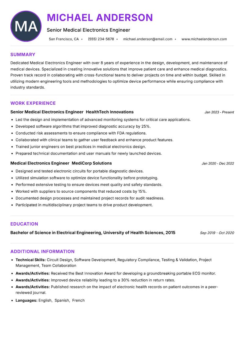 Medical Electronics Engineer resume example — ATS-friendly template