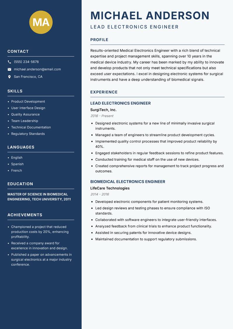 Medical Electronics Engineer resume template — Classic Clean