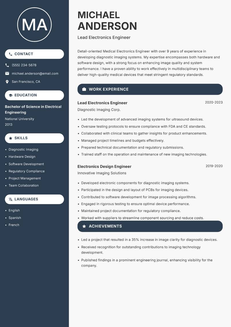 Medical Electronics Engineer resume template — Compact