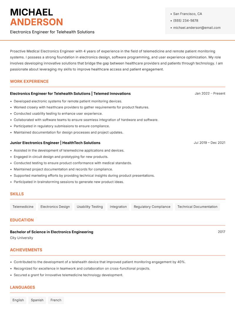 Medical Electronics Engineer resume template — Modern Professional