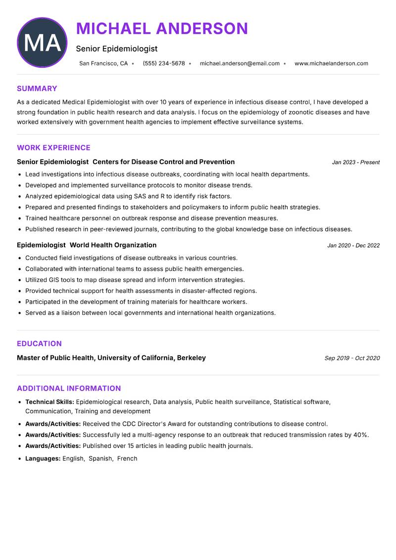 Medical Epidemiologist resume example — ATS-friendly template