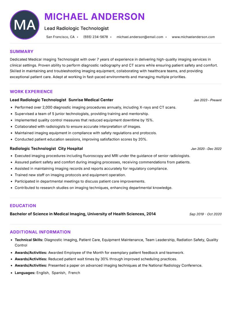 Medical Imaging Technologist resume example — ATS-friendly template