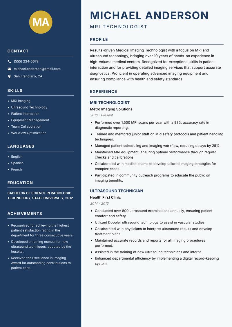 Medical Imaging Technologist resume template — Classic Clean