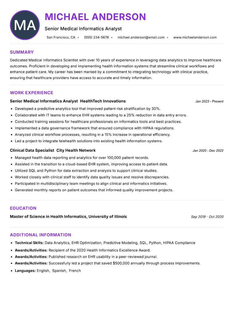 Medical Informatics Scientist resume example — ATS-friendly template