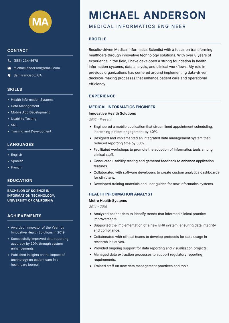 Medical Informatics Scientist resume template — Classic Clean
