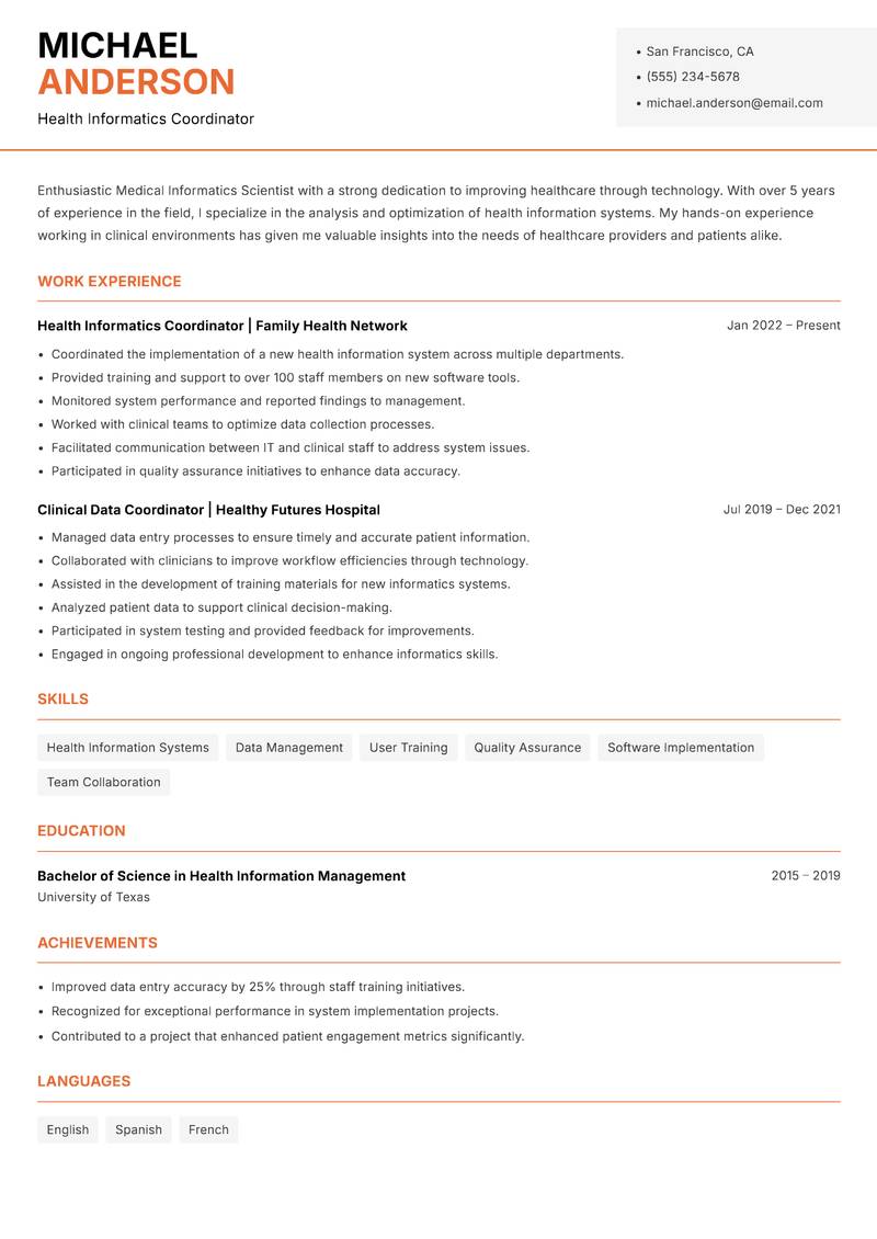 Medical Informatics Scientist resume template — Modern Professional