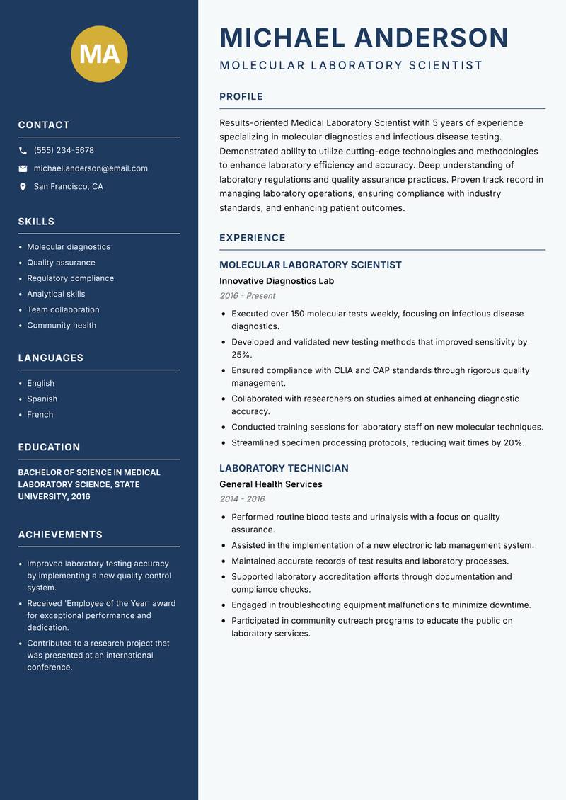 Medical Laboratory Scientist resume template — Classic Clean