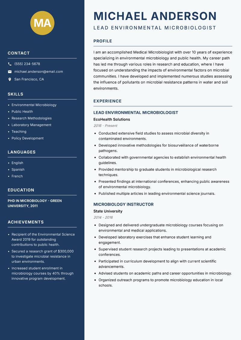 Medical Microbiologist resume template — Classic Clean