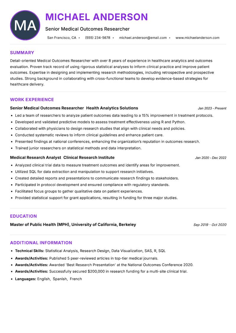 Medical Outcomes Researcher resume example — ATS-friendly template