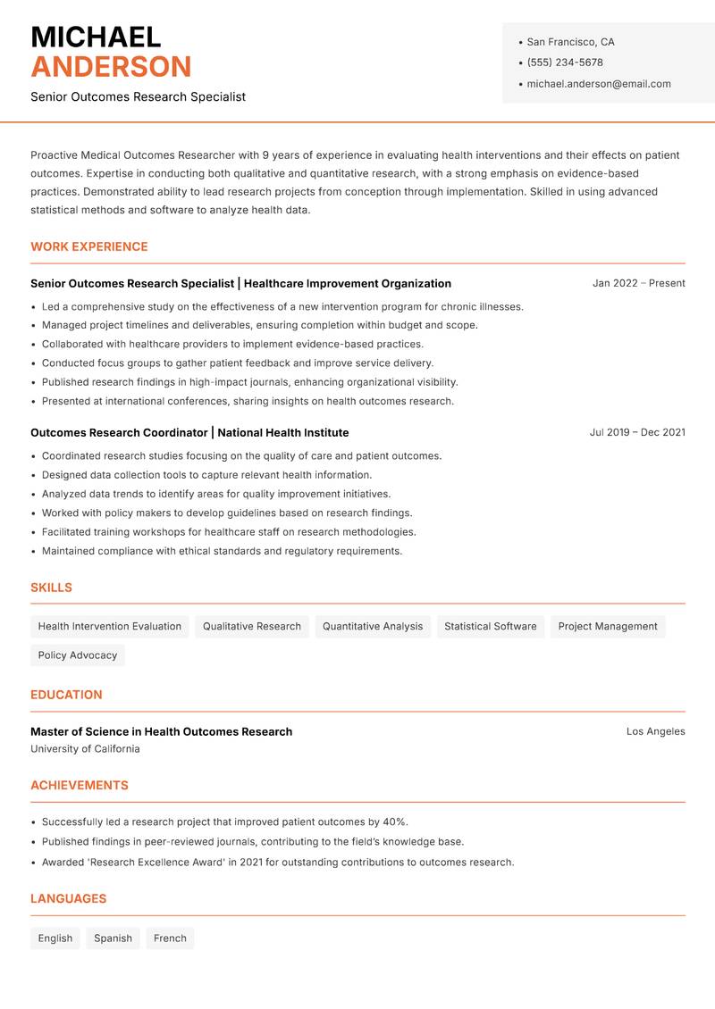Medical Outcomes Researcher resume template — Modern Professional
