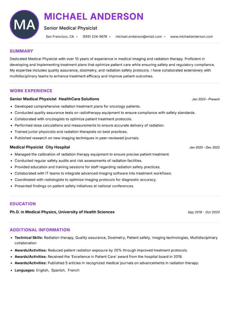 Medical Physicist resume example — ATS-friendly template
