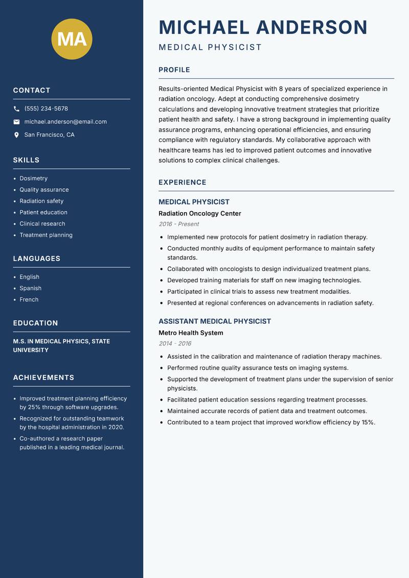 Medical Physicist resume template — Classic Clean